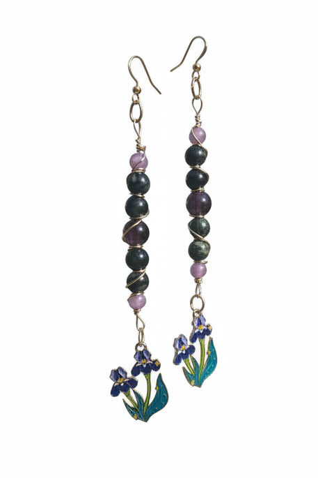 Earthy Iris ZuliMynne handmade earrings gold plated, moss agate and amethyst
