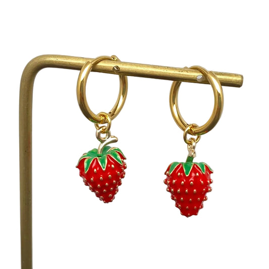 Strawberry Charm 18K Gold Plated Huggie Earrings