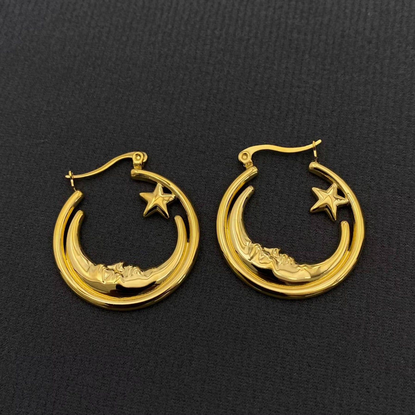 Moon Star 18K Gold Plated Stainless Steel Hoop Earrings