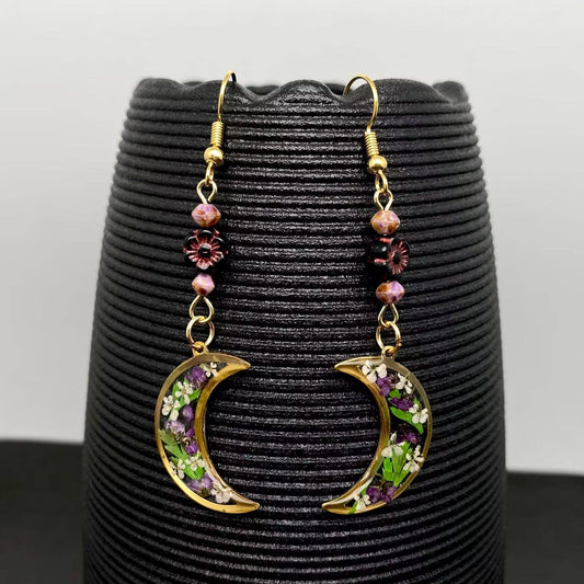 18K Golden Dried Flower Moon Dangle Earrings - PDF/FGS/MS
