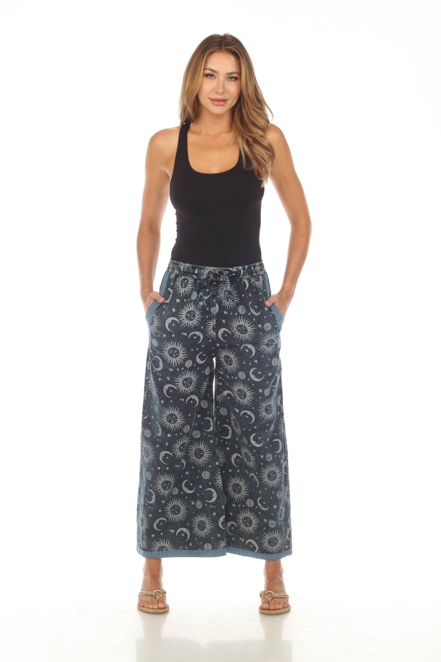 Cotton White Sun moon Galaxy Blue Plazzo Pant D865