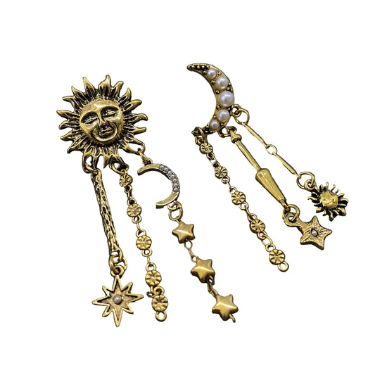 Star Fringe Asymmetric Sun Moon Post Earrings