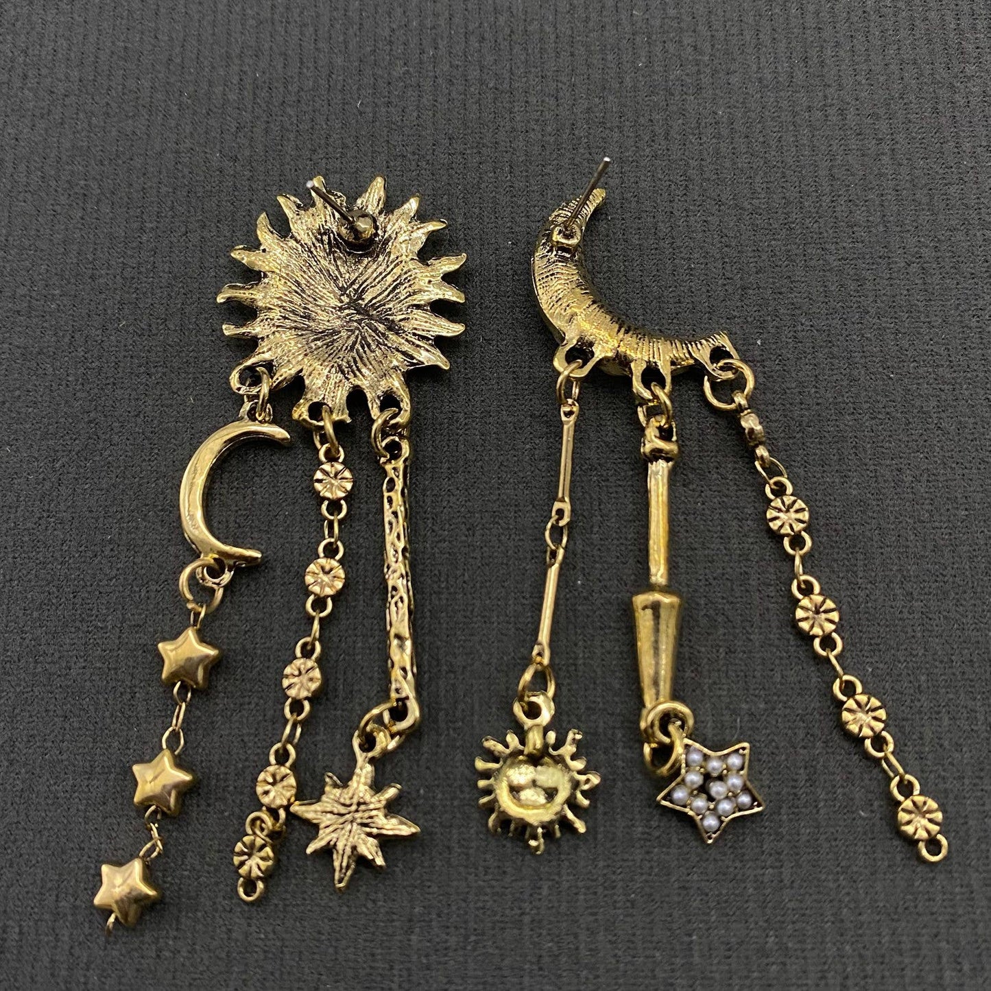 Star Fringe Asymmetric Sun Moon Post Earrings