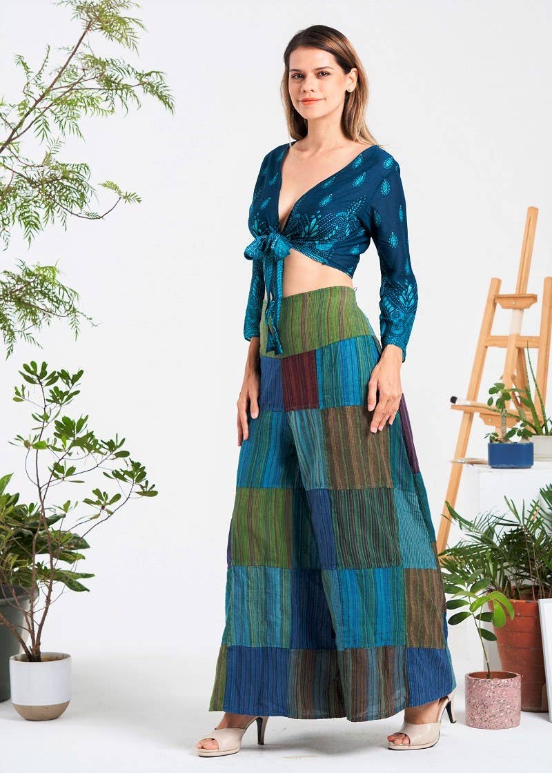 Multi-patch wide-leg elastic waist pants