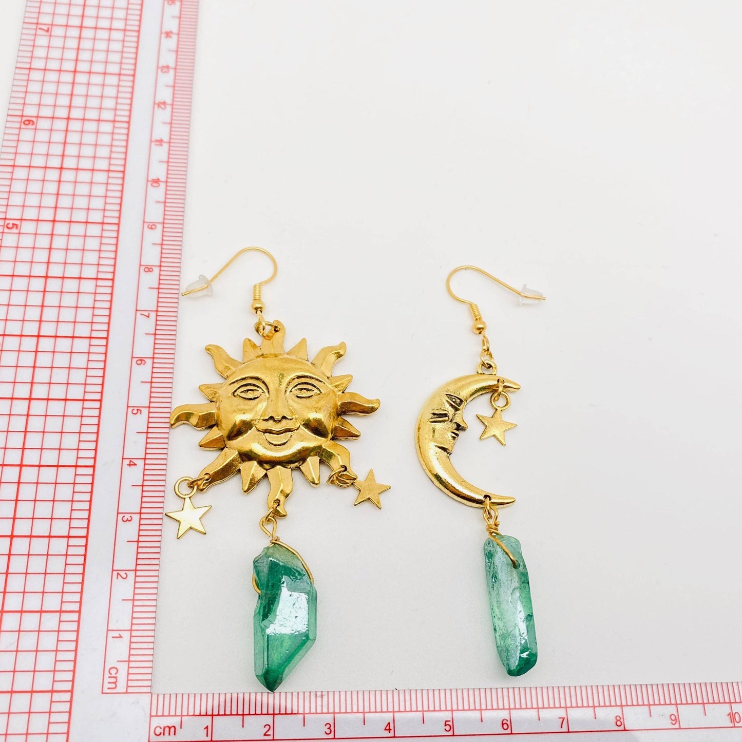 Asymmetric Sun and Moon Green Crystal Pendant Earrings