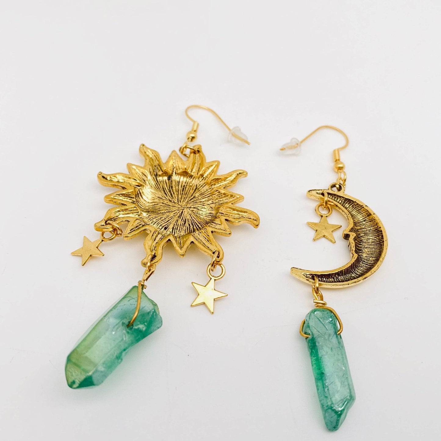Asymmetric Sun and Moon Green Crystal Pendant Earrings