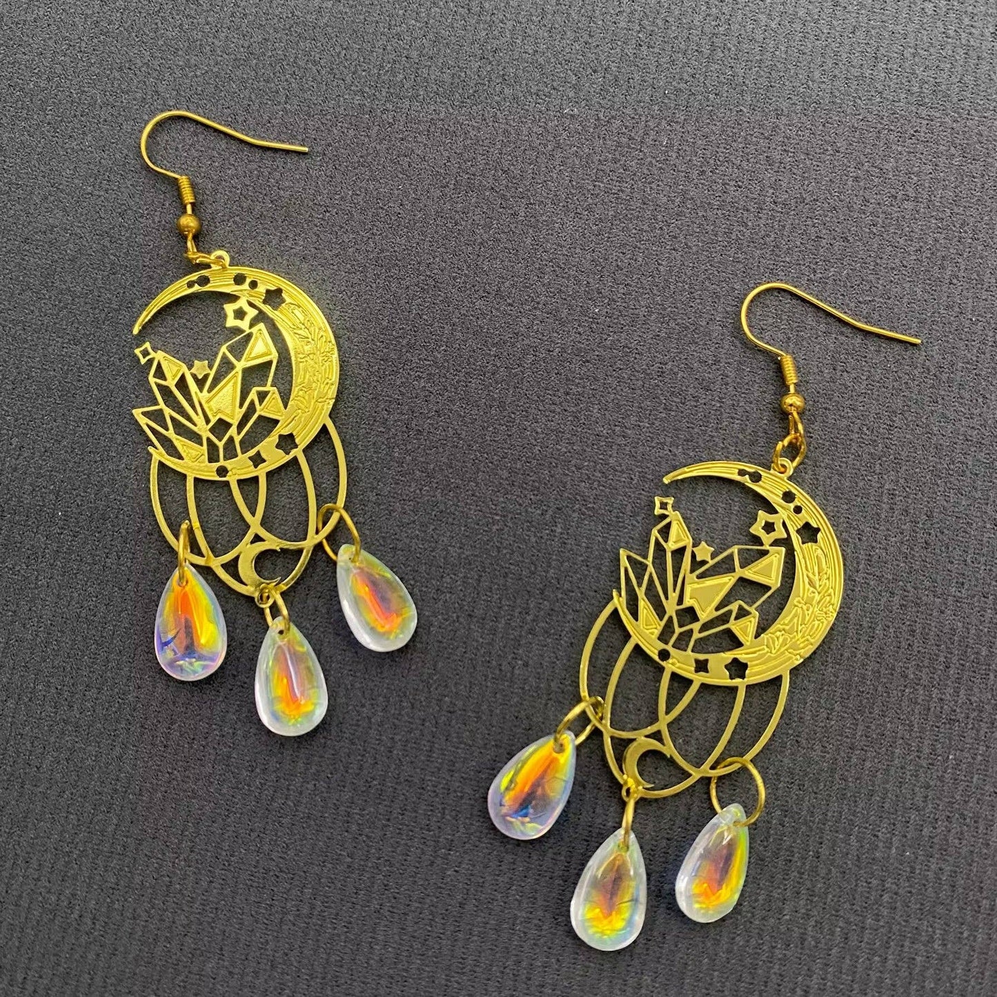 Glass Fringe Gold-plated Moon Dangle Earrings