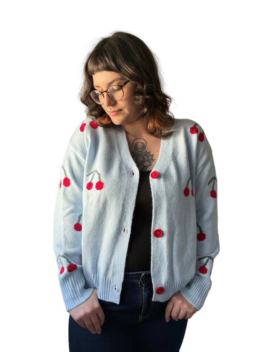 Super soft blue cherry v neck button up cardigan