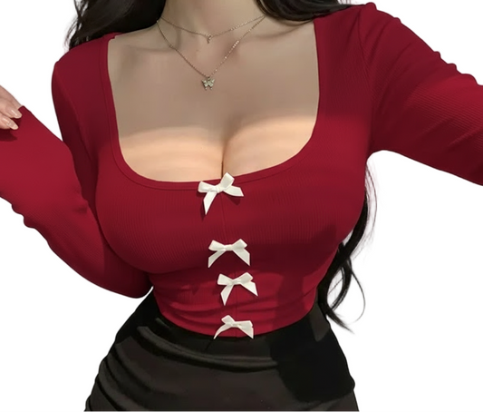 Long Sleeve Crimson Top with White Bows