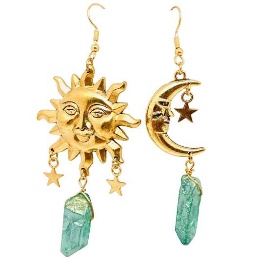 Asymmetric Sun and Moon Green Crystal Pendant Earrings