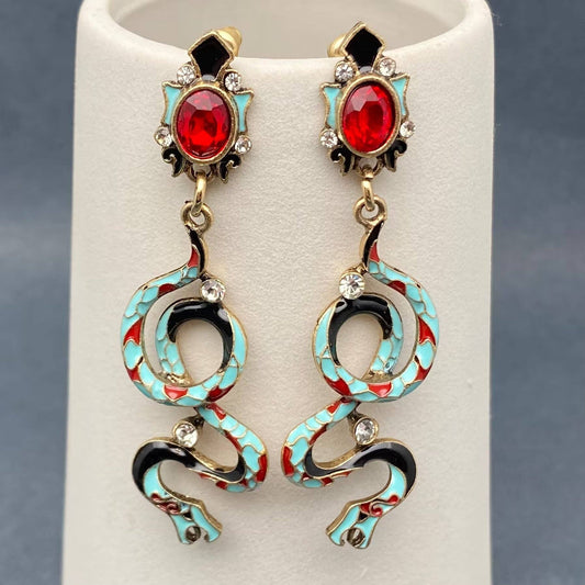 Vintage Colored Enamel Snake Dangle Earrings
