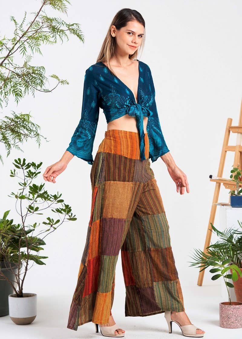 Multi-patch wide-leg elastic waist pants