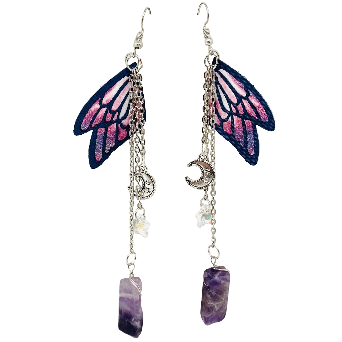 Crystal Pendant Earrings Purple Butterfly Wings,Moon,Star