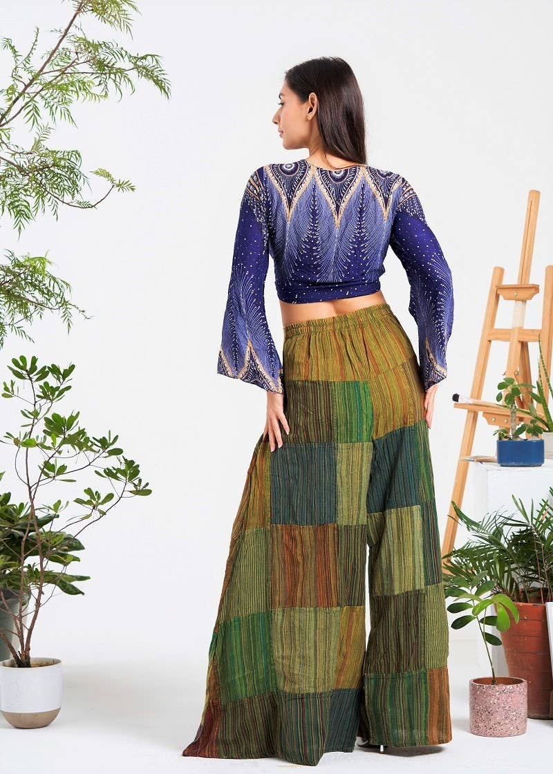 Multi-patch wide-leg elastic waist pants