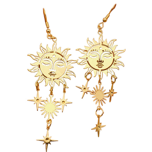 Golden Sun Face Star Pendant Earring