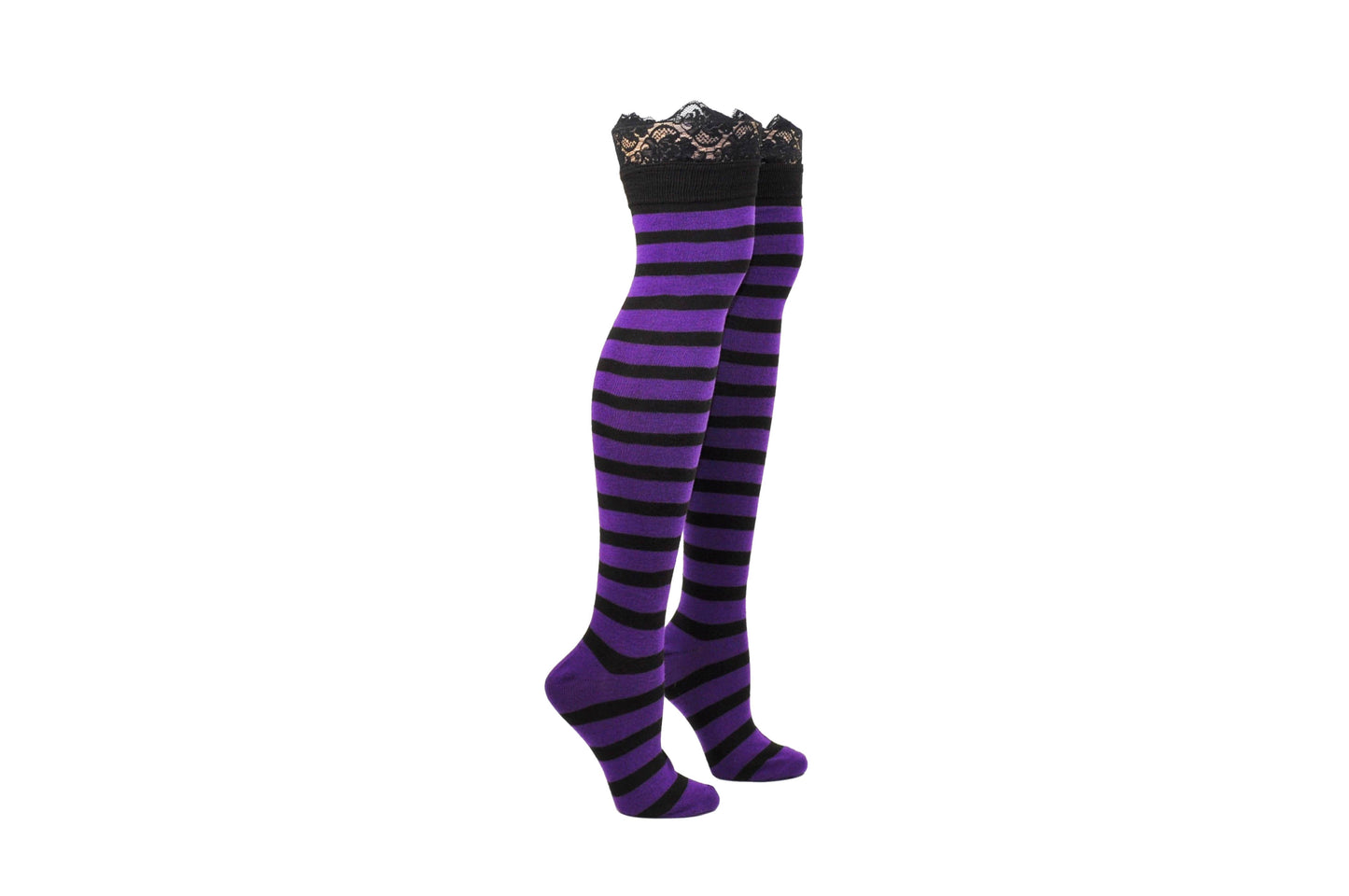 Black and Purple Striped with Lace Detail Thigh High Socks
