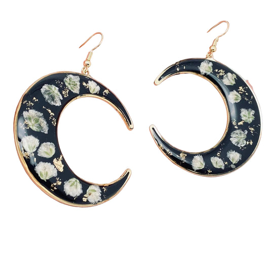 Baby's Breath Dried Flower Black Moon Earrings