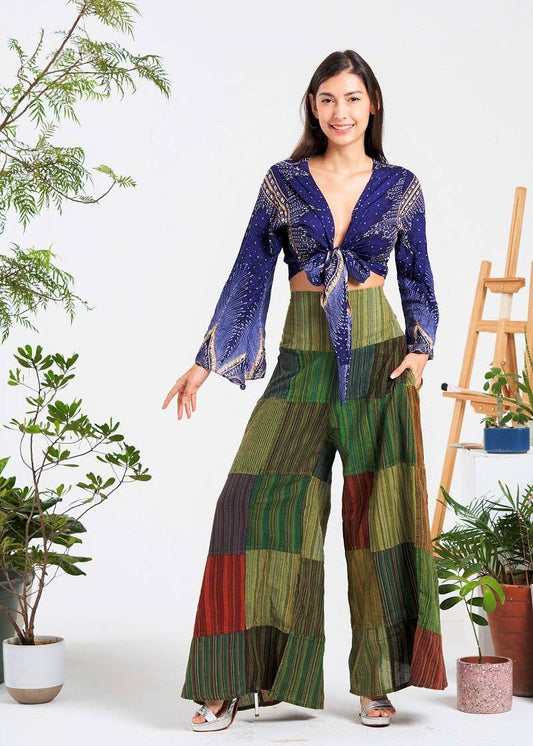 Multi-patch wide-leg elastic waist pants