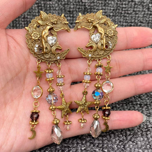 Vintage Star Moon Fringe Angel Elf Earrings - MS