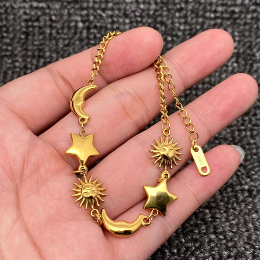 18K Gold Plated S.Steel Star Moon Sun linked Bracelet -FGS/MS