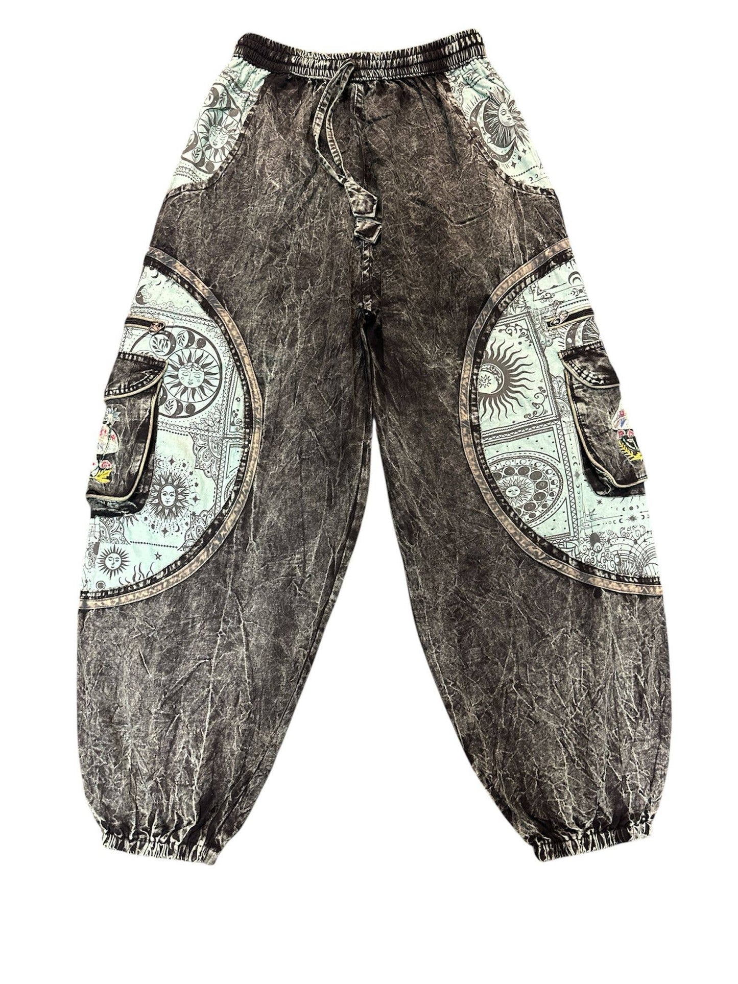 Cotton Black Teal Round Sun Moon Mushroom Himalaya Pant