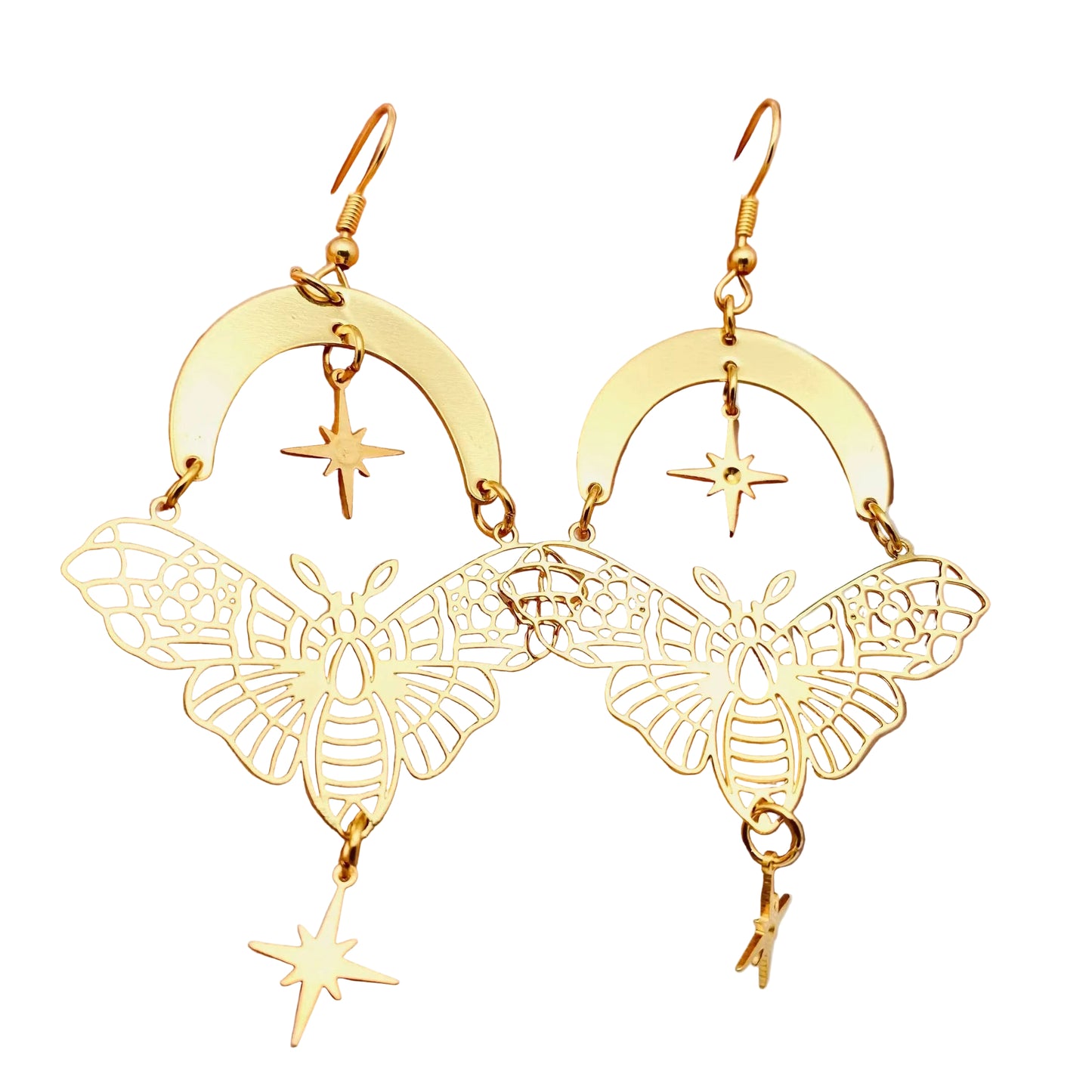Golden Moth Moon Star Earrings