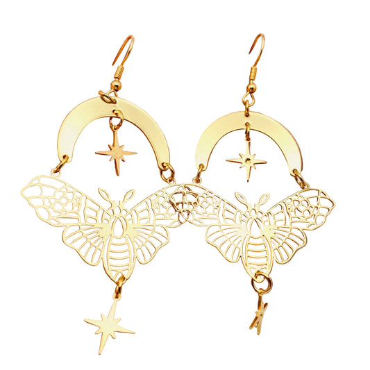 Golden Moth Moon Star Earrings