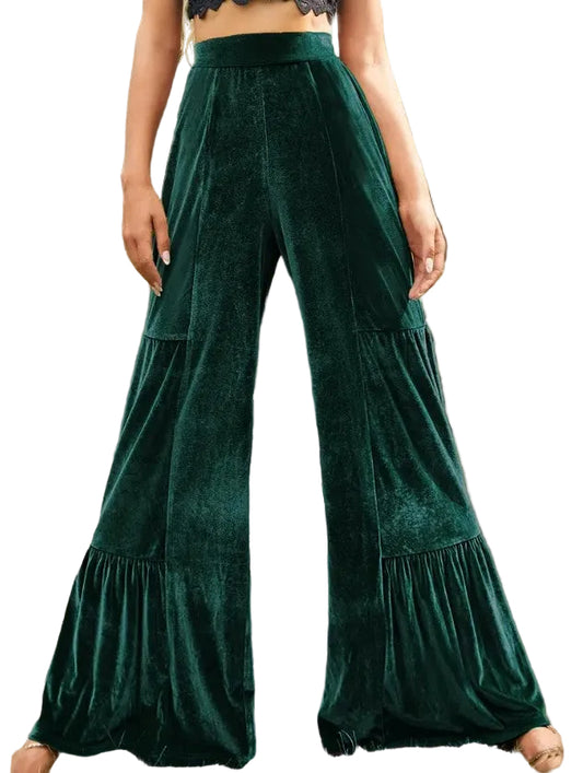 Stretchy Green Velvet Wide Leg Pant
