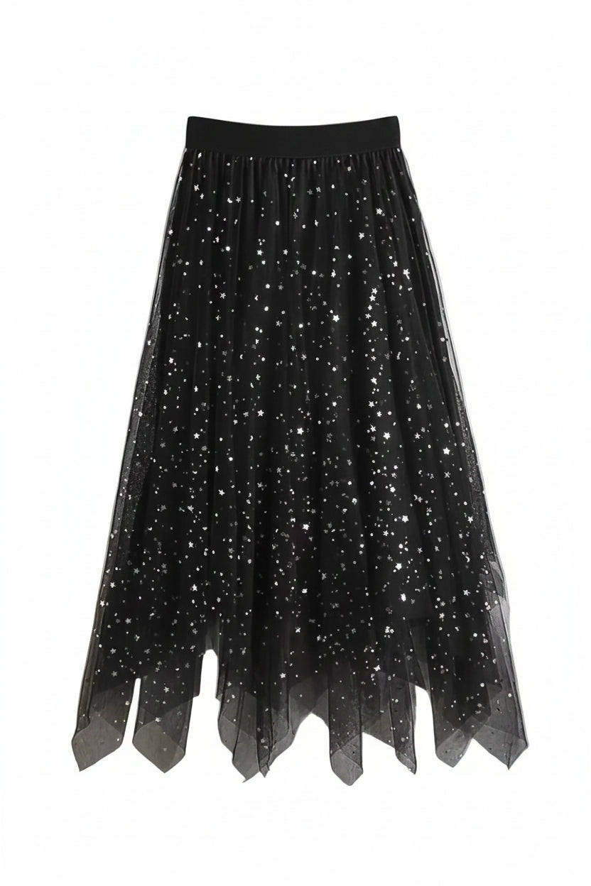 Starry Sky Mesh Layer Stretch Midi Skirt