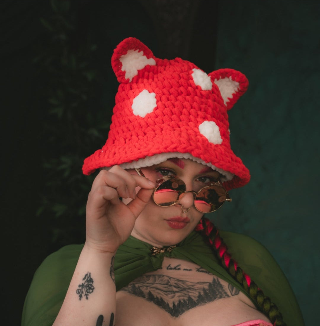 Super Soft Crocheted Red Mushroom Hat with Ears