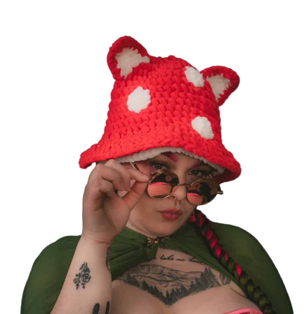Super Soft Crocheted Red Mushroom Hat with Ears